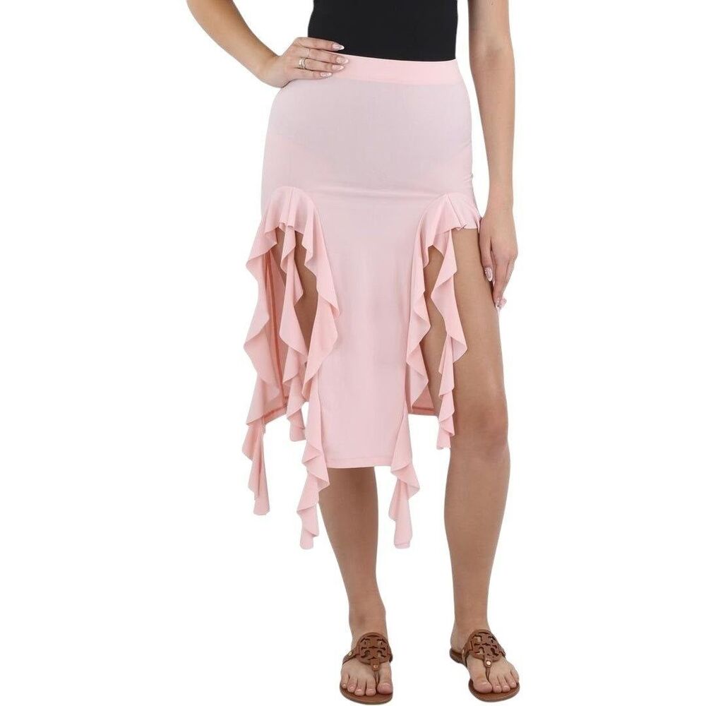 Aqua Lettuce Front Slits Midi Skirt Rose L